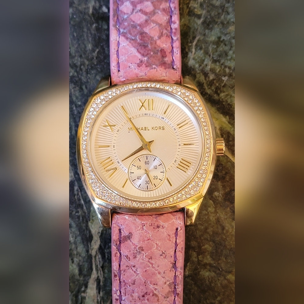 MICHAEL KORS Crystal Bezel Ladies Watch MK2387 Pink Leather Snake Strap Box $285